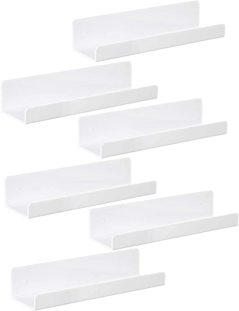IEEK 6 PCS White Acrylic Floating Shelves Display Ledge,Wall Mounted Nursery Kids Bookshelf,15 Inch Bathroom Wall Shelf and Storage Rack,5mm Thick U Shelf