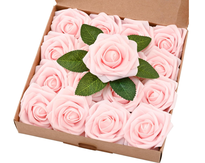 BLEUM CADE 16Pcs Artificial Flowers Fake Roses with Stems, Purple Boxed Foam Roses for DIY Bouquets Centerpieces Wedding Party Arrangement Bridal Shower Decor Pink