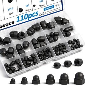 smseace 110Pcs 6-Sizes Hex Acorn Cap Nuts Assortment Kit - M3/ M4/ M5/M6/M8/M10 Bolt Cover Caps for Protection, Indoor and Outdoor Nylon Screw Covers (Black)