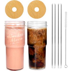 ANOTION Glass Cups with Lids and Straws 2 Packs, 24oz Travel Coffee Mug Wide Mouth Bamboo Mason Jar Iced Coffee Cup Smoothie Cup Glass Tumbler Tea Cup Clear Cute Water Cups Drinking Jars Glasses