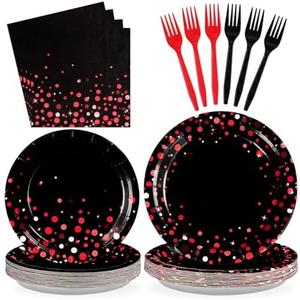 Grencian 96Pcs Black and Red Party Decorations Red Dot on Black Plates and Napkins Disposable Paper Birthday Dinner Tableware Set for Birthday Baby Shower Wedding Halloween Party Supplies, Serves 24