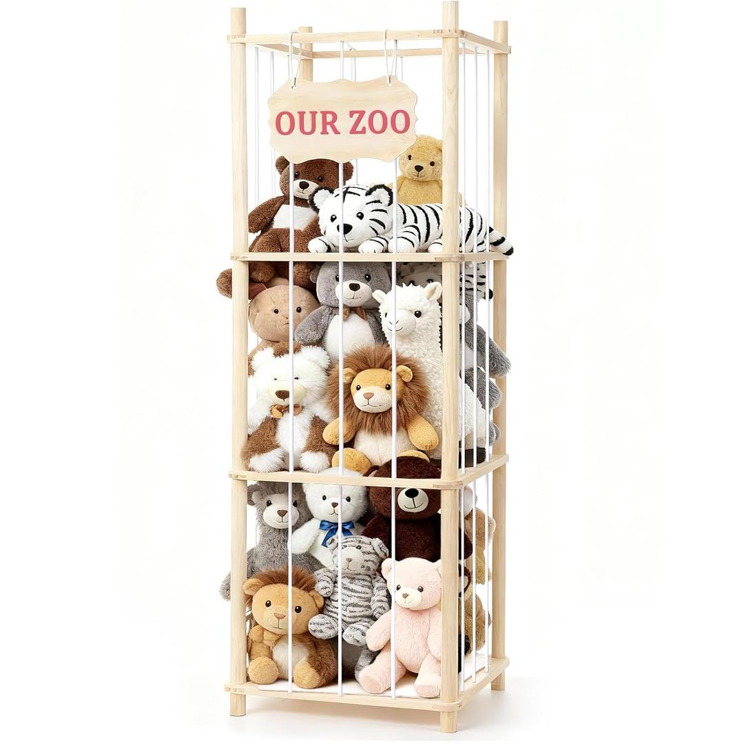 Stuffed Animal Storage & Organizer, Wooden Large Capacity Stuffed Animal Zoo with Elastic Cords, Sturdy Space-Saving Plushie Toy Shelf Cage Tower for Bedroom Playroom Nursery 54 in, Easy to Install