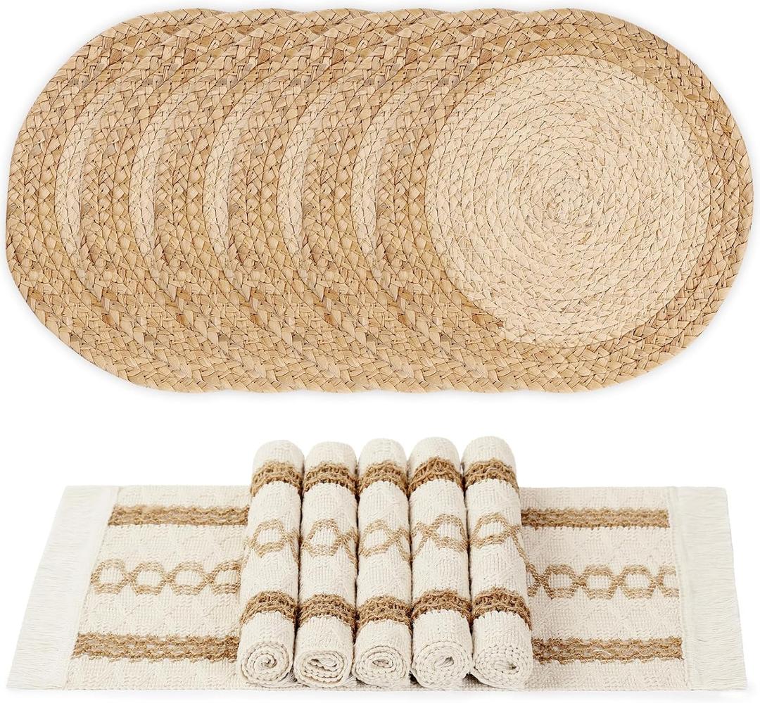 YANGQIHOME Boho Placemats Set of 6, Farmhouse Rustic Woven Placemats for Dining Table Decor, Handmade Braided Place Mats in Natural Cotton Jute and Water Straw for Kitchen Table
