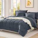 Plush Comforter Set Full Size Blue Grey, Flannel Velvet Comforter Sets 7 Pieces Bed in a Bag, Soft Warm Winter Bedding Set with Sheets, Pillowcases & Shams