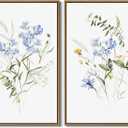 Watercolor Floral Wall Art Blue Yellow Flower Canvas Art Pints Nature Botanical Plants Painting Minimalist Wall Decor Stretched and Framed for Bedroom Bathroom Home Office Decoration - 16"x24"x2Pcs