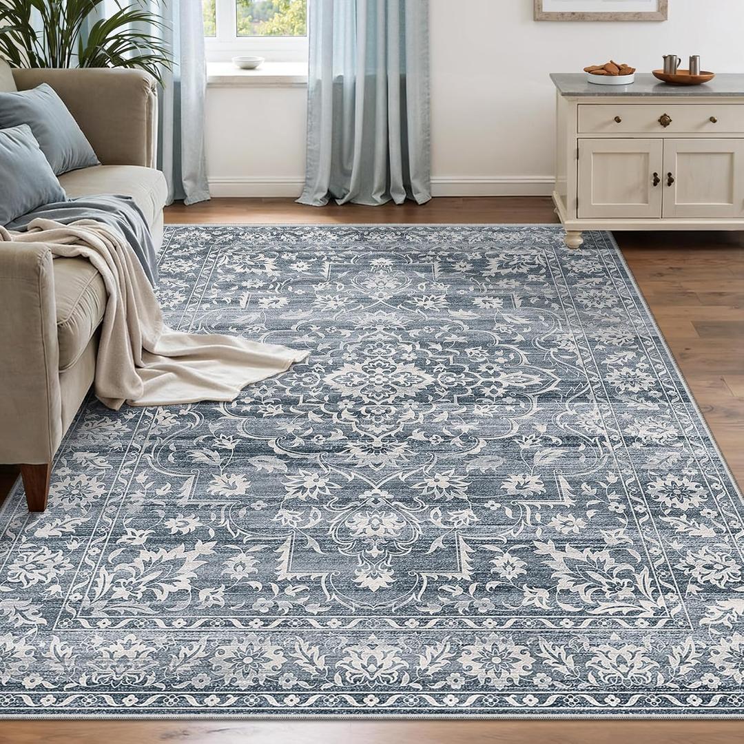 Soalmost 6x9 Area Rugs for Living Room, Stain Resistant Neutral Washable Rugs for Bedroom, Floral Vintage Non-Slip Soft Throw Carpet for Dining Room Farmhouse (Blue, 6'x9')