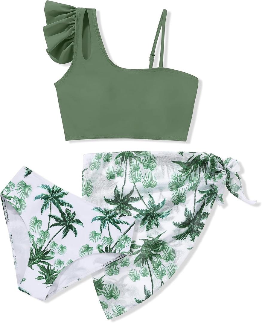 Girls Swimsuits Hawaiian Teen Bathing Suits 3 Piece Tropical Floral Ruffle Strap Bikini Set with Cover Up Skirt 9-16T (Green)