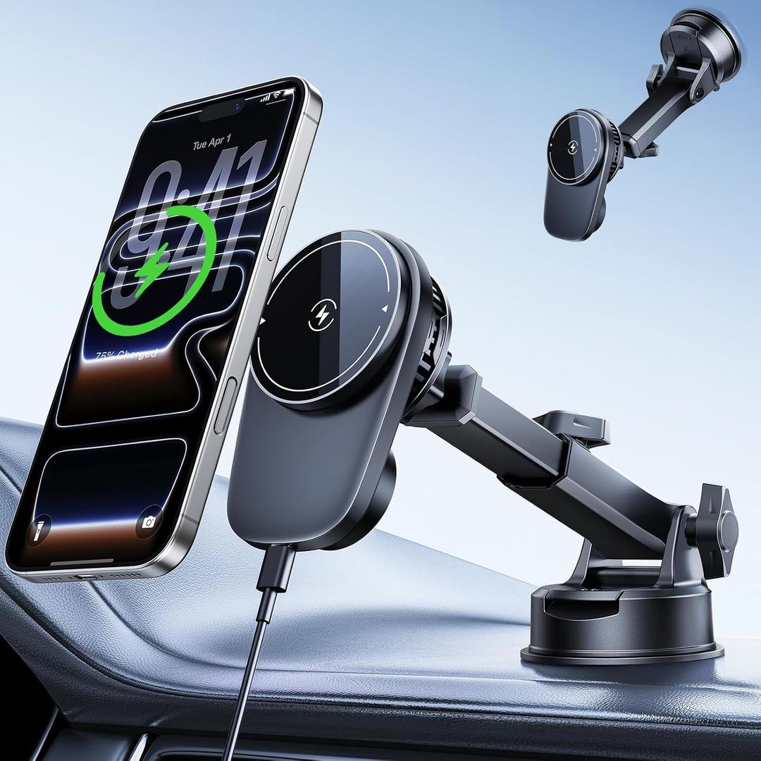 Wireless Magnetic Car Phone Holder Mount with Cooling Fan & RGB Lights, 15W Fast Charging Auto-Rotate Suction Cup Charger for iPhone 17/16/15/14/13 S25 Samsung, Car Dashboard/Windshield Mount