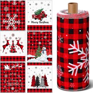 36 Pcs Christmas Reusable Paper Towels Rolls Washable Bulk Christmas Snowman Snowflake Winter Red Plaid Dish Towels Paperless Reusable Cloth Cotton Napkin with Cardboard for Kitchen Bathroom