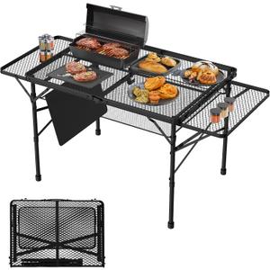 Folding Table with 2 Wing Panels, 3x2 FT Camping Table with Mesh Desktop,Height Adjustable Folding Grill Table with Mesh Bag,Portable Outdoor Table for Picnic,Camping,BBQ,Beach(Black)
