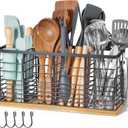 Nigelia 4 Compartments Extra Large Kitchen Utensil Holder with Wooden Base, Metal Organizer for Kitchen Countertop, Matte Black Cooking Utensils Holder with 4 Hooks for Tools Storage