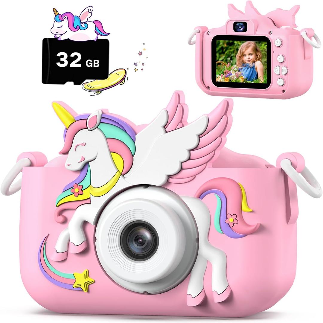Upgrade Kids Camera for Boys Girls, Toddler Digital Selfie Camera with Cute Protective Cover and 32G SD Card, Christmas Birthday Gifts Toys for 3 4 5 6 7 8 9 10 11 12 Years Old Little Girls and Boys (Colorful Pink)
