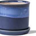 5.8 Inch Plant Pot: Ceramic Planter with Drainage Hole & Saucer for Indoor Outdoor Plants - Flowerpot with Bonded Tray for Home Office - Blue Reactive Glaze