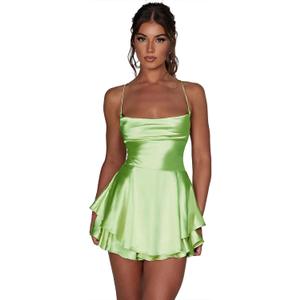 AGYMNX Women Sexy Spaghetti Strap Satin Dress Sleeveless Low Cut Backless Short Romper Dress Party Jumpsuit Mini Sundress (Fluorescent Green) XL