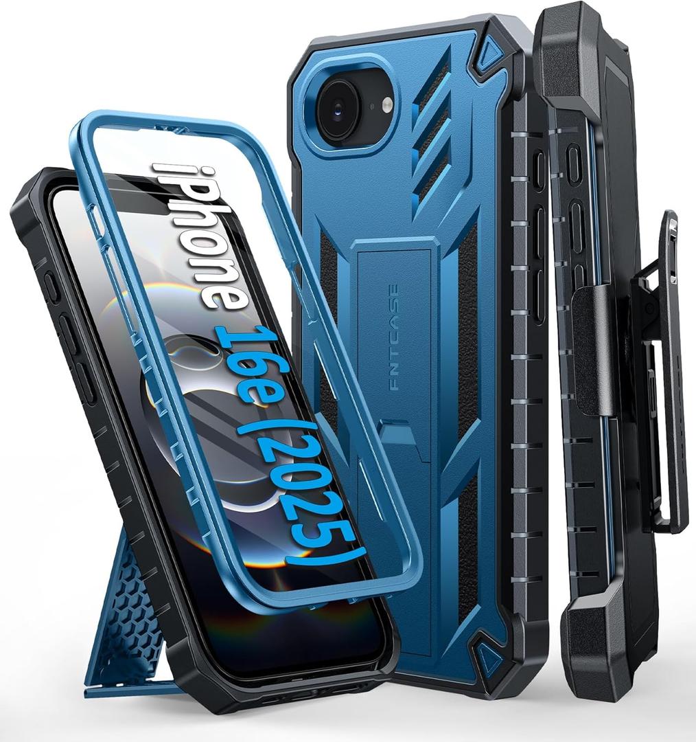 FNTCASE for iPhone 16e Phone Case: Military Grade [Built-in Screen Protector] [Belt-Clip & Kickstand] Matte Drop Proof Protection Cover | Rugged Shockproof TPU Protective Sturdy Cases 2025 - Blue