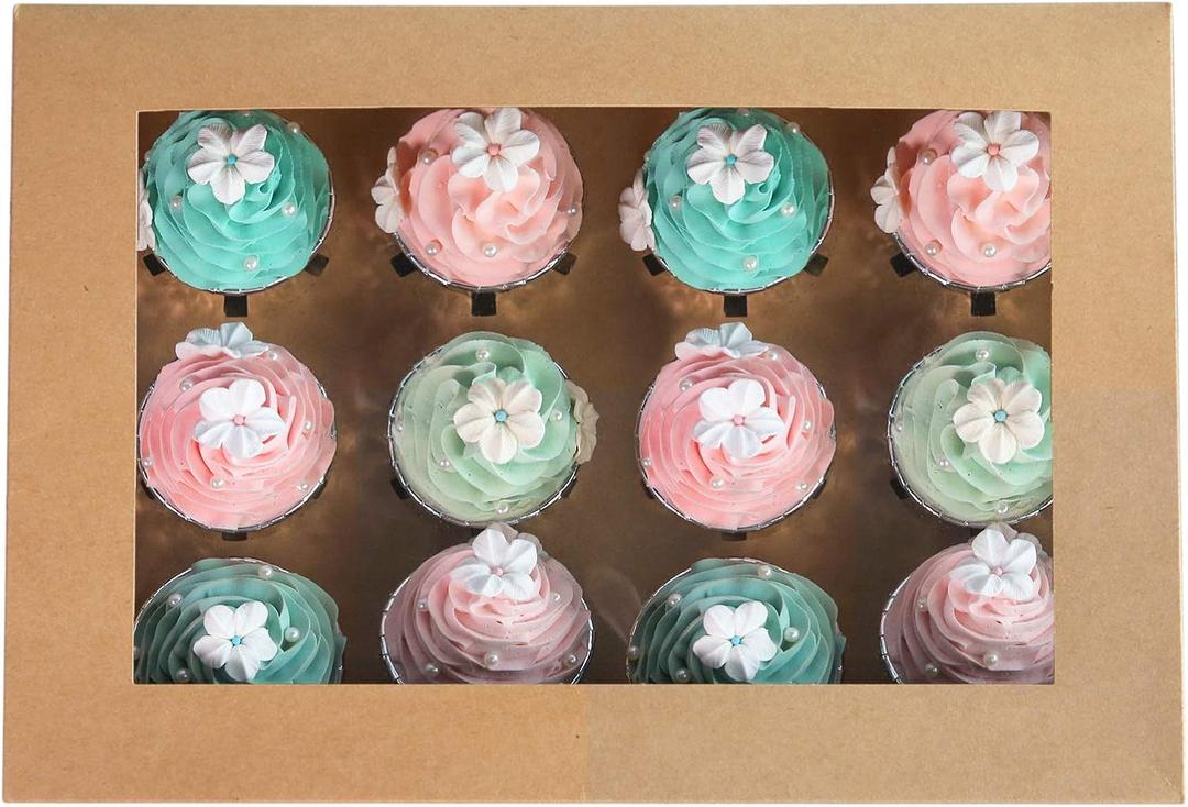 ONE MORE [20-Packs] Brown Cupcake Boxes 12 Holders, Cake Carrier Food Grade Kraft Pop-up Bakery Boxes 13.8 x 9.5 x 4inch with Inserts and PVC Windows Fits 12 Cavity Cupcake or Muffins Pack of 20