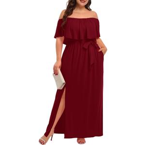Plus Size Off The Shoulder Maxi Long Casual Beach Dress Pockets Women (Burgundy)
