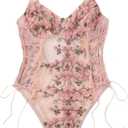 Lilosy Women Sexy Lace Up Floral Embroidered Teddy Babydoll Lingerie Bodysuit Top Mesh Sheer One Piece See Through Pink, X-Large