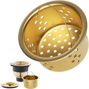 POPFLY SUS 304 Stainless Steel Deep Sink Strainer Basket  Fits Standard 3-1/2" Kitchen Drains, 2.5" Replacement Option  Removable Drain Basket with Handle for Easy Food Debris Cleaning, Gold
