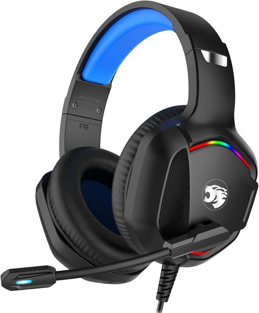 Gaming Headset with Microphone for Pc, Xbox One Series X/s, Ps4, Ps5, Switch, Stereo Wired Noise Cancelling Over-Ear Headphones with Mic, RGB, for Computer, Laptop, Mac, Nintendo (Blue)