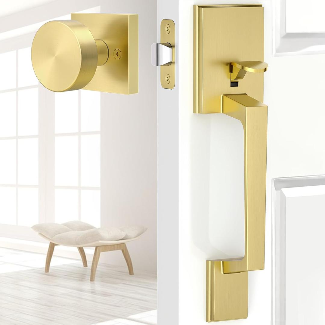 Gold Front Entry Door Handle No Lock, Exterior with Interior Reversible Handed, Single Cylinder Front Door Handle, Zinc Alloy, Satin Brass