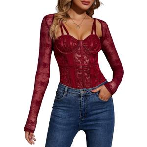 Women Lace Bolero Shrug See Through Floral Cardigan Sheer Mesh Cropped Y2K Going Out Tops (Medium, Wine Red-only the Bolero)