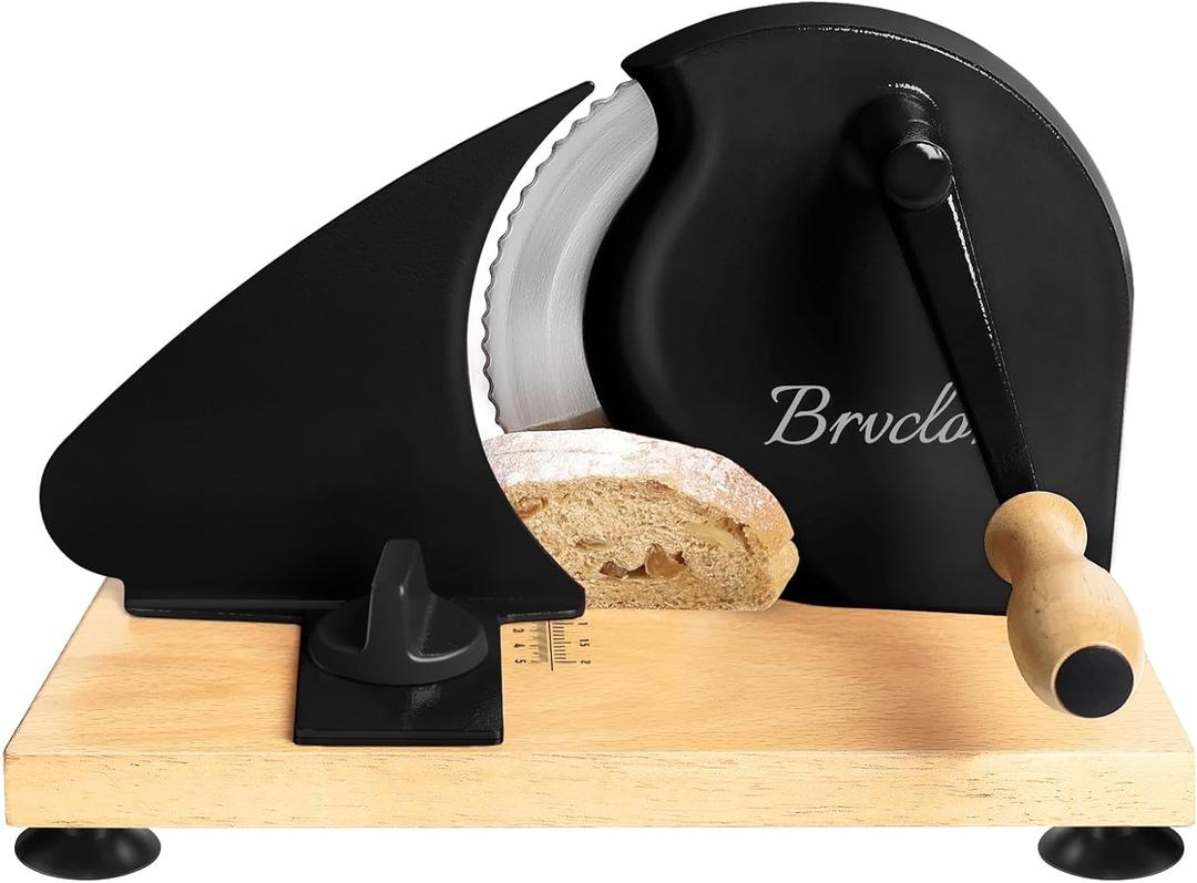 Manual Bread Slicer for Homemade Sourdough Bread, Adjustable Thickness&Evenly Slicing, Hand Crank Bread Slicer with Scale Line and Suction Cup, Serrated Blade Design, Patent:USD105861 (Black)