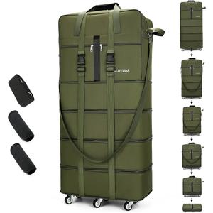 Expandable Foldable Luggage, 36'' Suitcase With Spinner Wheels, Rolling Duffel Travel Bag, Collapsible Luggage, With 2 Luggage Handle Wrap and 2 Fixing Straps, 1 Shoulder Strap, Green