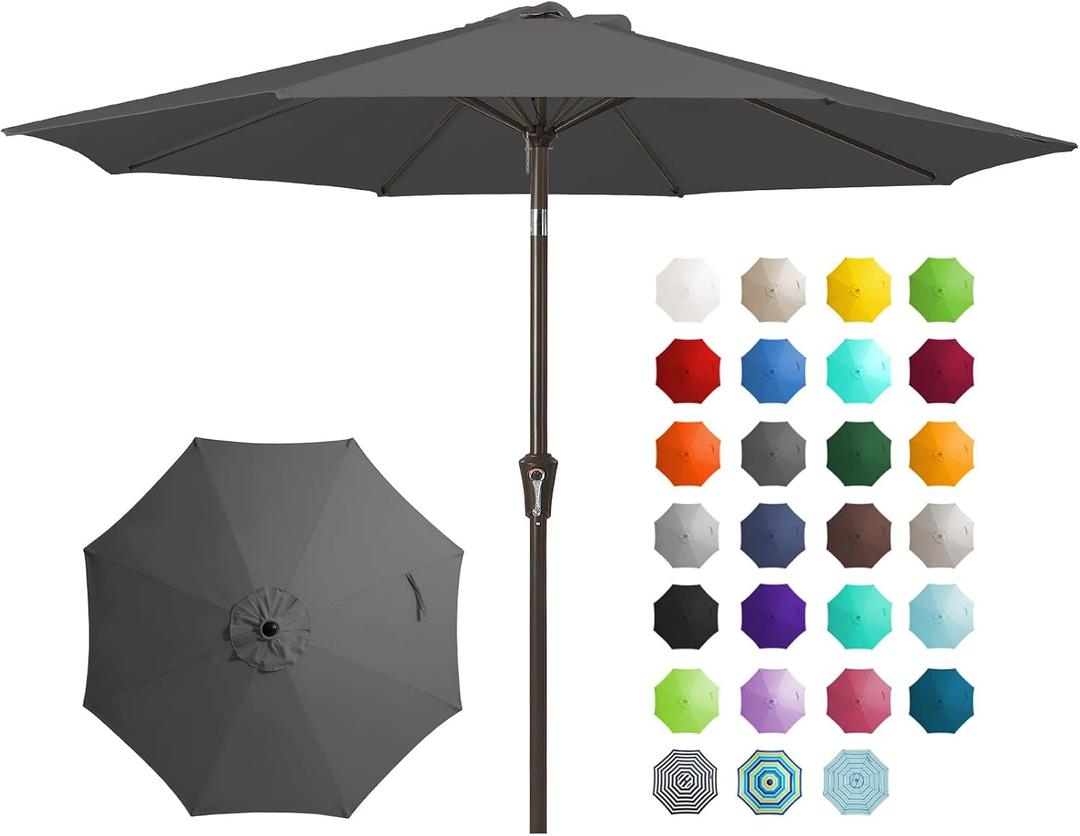 JEAREY 9FT Outdoor Patio Umbrella Outdoor Table Umbrella with Push Button Tilt and Crank, Market Umbrella 8 Sturdy Ribs UV Protection Waterproof for Garden, Deck, Backyard, Pool (Dark Gray)