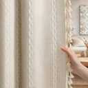 Boho Blackout Curtains 2 Panels 84 Inch for Living Room Bedroom, Beige Linen Texture Farmhouse Curtains with Tassels and Cotton Embroidery Vintage Rustic Western Rod Pocket