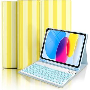TopPerfekt with Bluetooth Keyboard for iPad 10th Generation 10.9'' (2022) Case, (A16) 11th / 10th Gen 11''(2025) with 7-Color Backlights, Striped Cute Style Chic Aesthetics with Pencil Holder- Yellow
