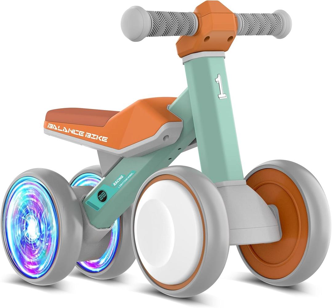 ESPRAY Colorful Lighting Baby Balance Bike Toys for 1 Year Old Boys Girls Gifts, Toddler First Bike 12-24 Months with Adjustable Soft Seat, 4 Silent Wheels Ride on Toy, Perfect First Birthday Gifts (Green)