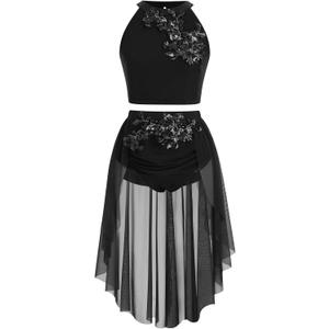 Women Lyrical Dance Costume Halter Floral Sequins Crop Top High-Low Skirt with Briefs Adult Contemporary Dance Dress (Black, L)