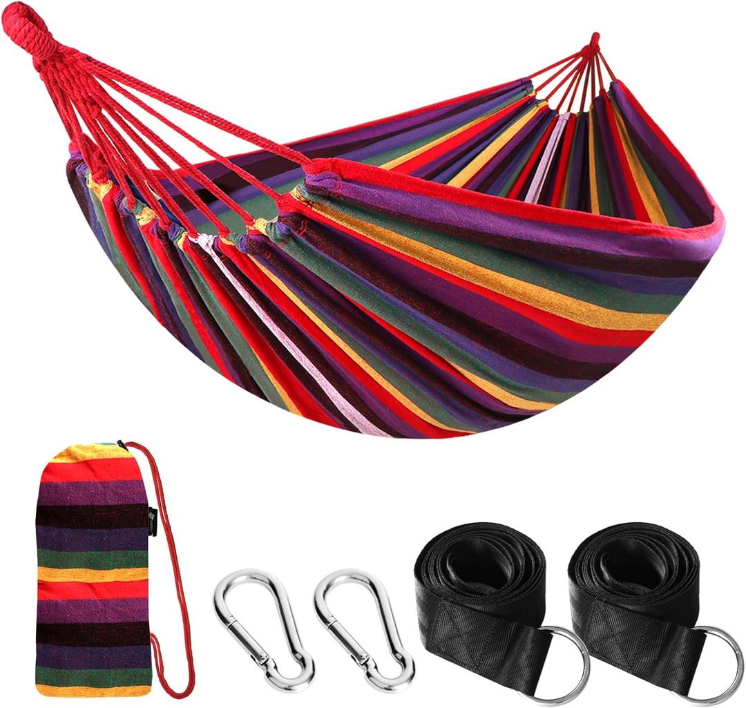 ANYOO Cotton Hammock Portable Camping Hammocks for Hanging Sturdy Garden Comfortable Fabric Hammock with Tree Straps Up to 660lbs with Travel Bag for Camping Outdoor/Indoor Patio Backyard (Rainbow)