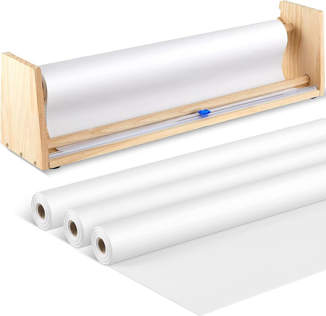 Marsui 18 Inch Wooden Art Paper Roll Dispenser with 3 Easel Paper Rolls, Craft Papers Dispenser Tabletop Roll Holder and Papers Cutter Butcher for Easel Drawing, Art Craft