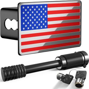 Heavy American Flag Metal Trailer Hitch Cover for 2" inch Receivers,Tow Hitch Covers 2 Inch for Truck Accessories (with 5/8-Inch Pin Diameter Trailer Hitch Lock, Chrome&Red&Blue
