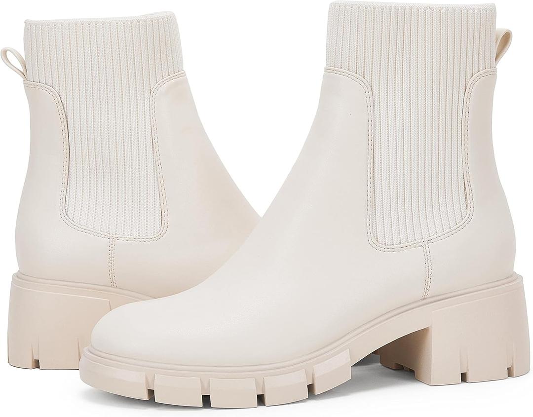 Ruanyu Womens Platform Ankle Boots Elastic Chunky Block Heel Chelsea Booties Lug Sole Non-Slip Combat Shoes (7, White)