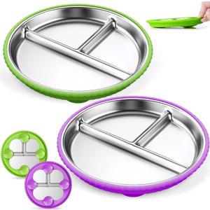 Stainless Steel Kids Plates with Suction, 2Pack 9" Divided Toddler Plates Removable Non Slip Silicone Sleeves Baby Feeding Led Weaning Supplies, BPA Free, Unbreakable Dishwasher Safe (Purple & Green)