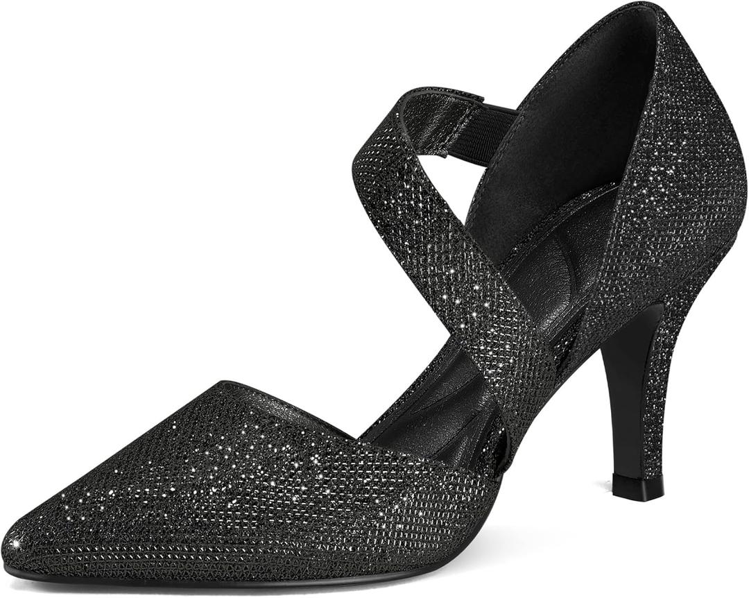 mysoft Women's Pointed Toe Low Stiletto Heel Dress Pumps Shoes - (8, Black-glitter)