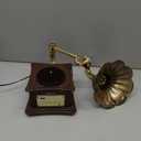 Mini Gramophone Vintage Copper Horn Record Player with Bluetooth, USB, AUX, FM Radio and Built-in Speakers for Gift Home Decor