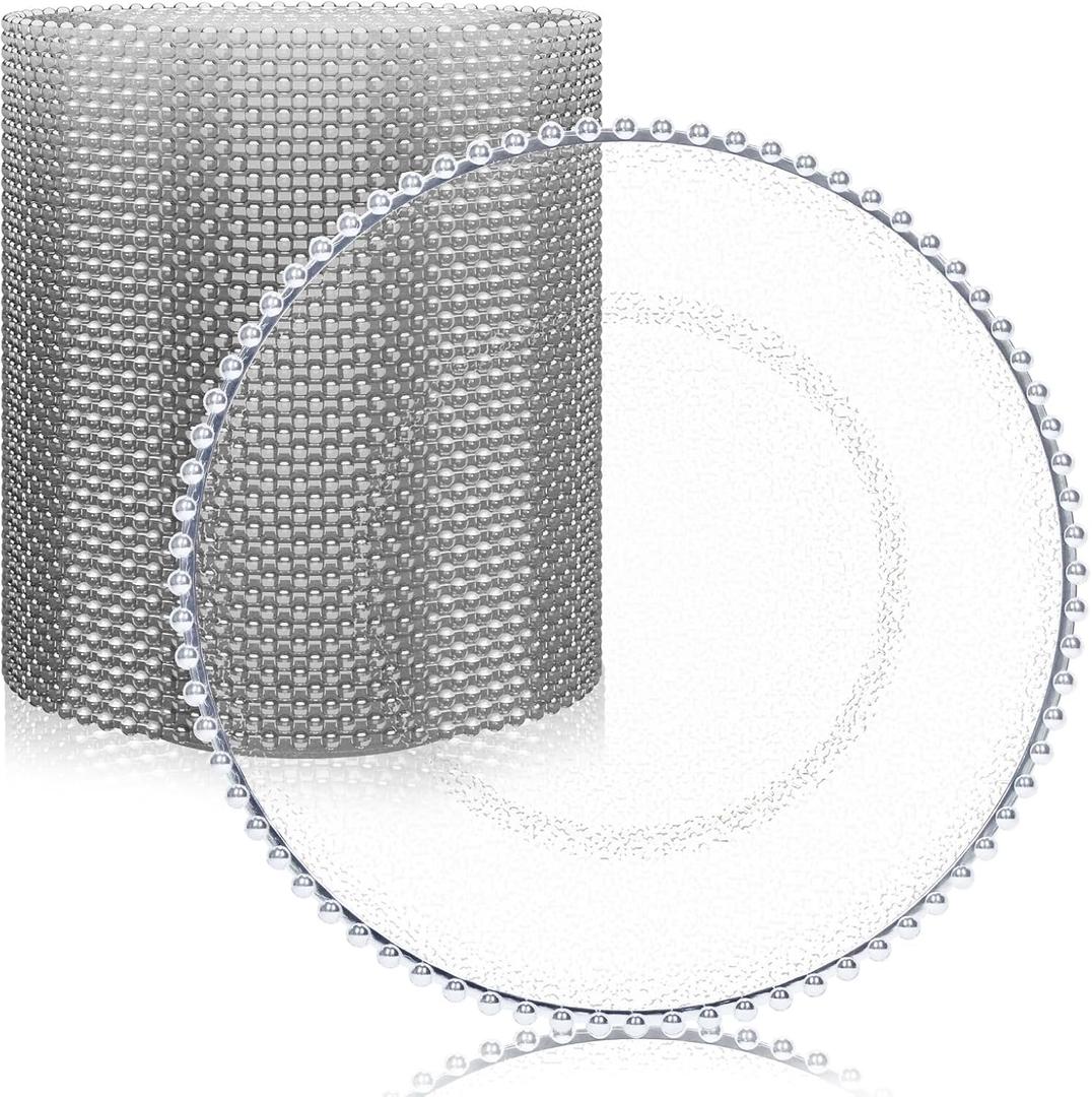 MAONAME 50 PCS Clear Charger Plates Bulk, 13" Plastic Round Beaded Chargers with Silver Rim, Frosted Grain Plate Chargers for Wedding, Party Event
