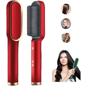 2023 Negative Ion Straightening Brush, Curler & Heated Hair Styler - 5 Temperature Settings, 2-in-1 Styling Comb with Fast Heating and Anti-Scald, Portable Electric (Red)