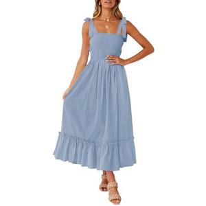 ZESICA Women's 2025 Summer Boho Spaghetti Strap Square Neck Solid Color Ruffle A Line Beach Long Maxi Dress S