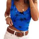 Tankaneo Womens Ruffle Deep V Neck Tank Tops Summer Sexy Floral Print Sleeveless Fitted Shirts Trendy Y2k Going Out Crop Tops, Medium Blue