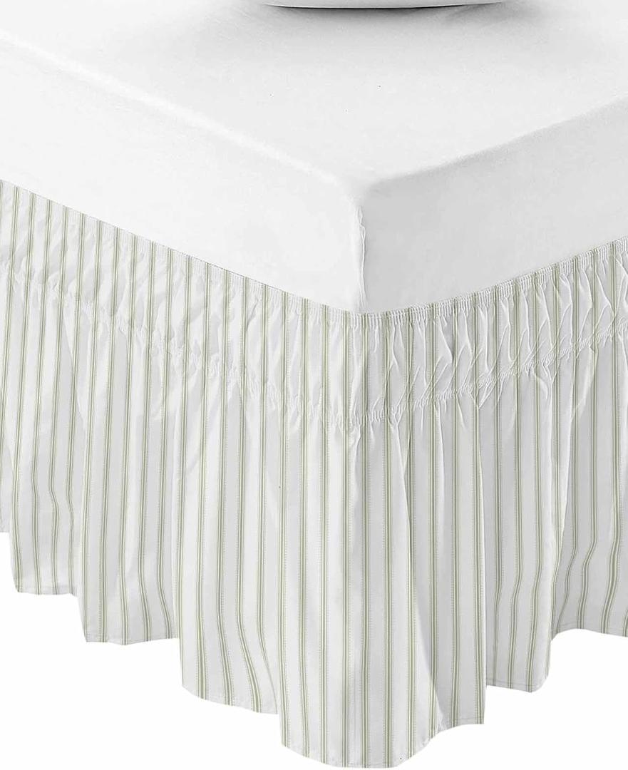 Sage Green Striped Bed Skirt Queen Size 18 Inch Drop, Adjustable Elastic Bedskirt Dust Ruffle for Queen Bed, Sage Green White Stripes Farmhouse Wrap Around Bed Skirts Pleated Bed Frame Cover