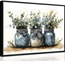 Black Frame Plants Canvas Wall Art Rustic Minimalist Mason Jars Black And White Plaid Bow Eucalyptus leaves Farmhouse Vintage Botanical Pictures Wall Decor Poster Print Artwor For Dining Room kitchen
