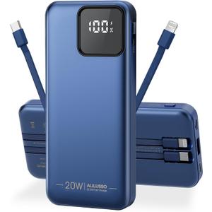 Portable Charger Built-in Cables for iPhone Samsung iPad Android Phone, 20000mAh Power Bank Fast Charging, Smart LED Display Battery Pack 2-Port Output Traveling, Dark Blue
