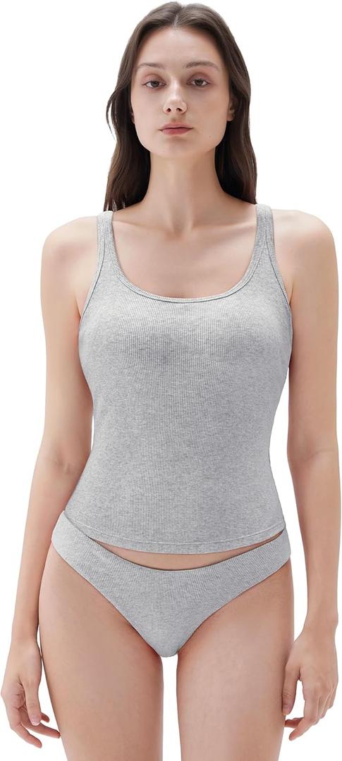 SUUKSESS Women Padded Cotton Ribbed Long Tank Tops 2025 Summer Going Out Basic Scoop Neck Cami Tops (X-Small, Light Grey)