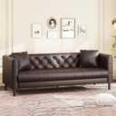 GarveeHome 81 in Leather Couch for Living Room, Modern Sofa Couch with Deep Seat and 2 Pillows, Handmade Button Tufted 3 Seater Sofa, Leather Sofa for Apartment, Office, Dark Brown