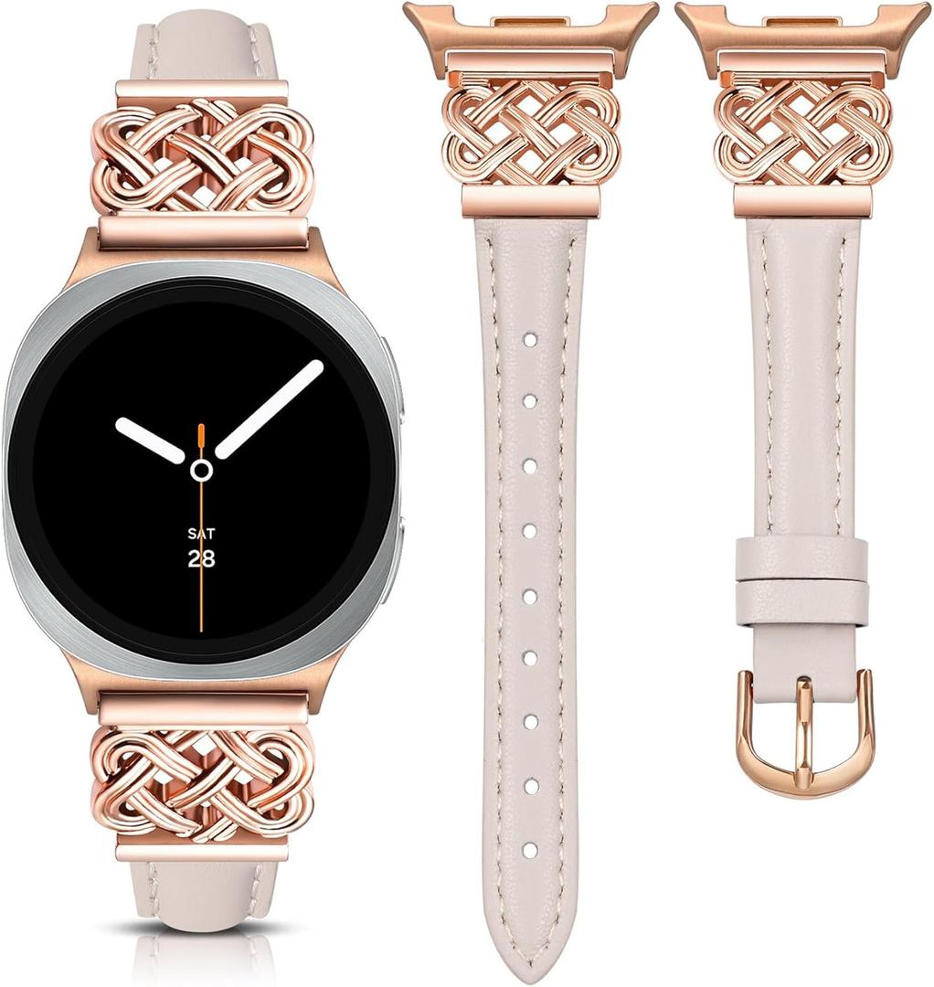 TOYOUTHS Celtic Knot Leather Band Compatible with Samsung Galaxy Watch 8 40mm 44mm/Watch 8 Classic 46mm Bands Women, No Gap One Click Slim Dressy Leather Strap with Designer Interlock Buckle (Starlight/Rose Gold)